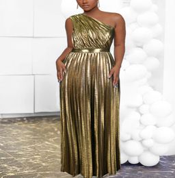 Party Dresses Elegant Women Even Luxury Maxi Long Metallic Pleated Dress One Shoulder Sleeveless Premium Shiny Shimmer Gowns Big S1233751