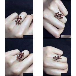 Cluster Rings Luxurious Elegant Big Flower Natural Red Garnet Gem Ring S925 Sier Gemstone Forefinger Womens Party Gift Jewellery Drop De Dhonj