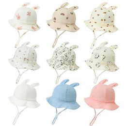 Caps Hats Muslin Baby Sun Hat with Bunny Ears Cartoon Kids Bucket Hats for Girls Boys Toddler Infant Cap Baby Accessories 0-12M Y240517