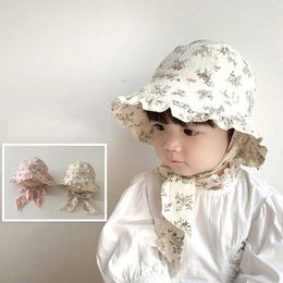 Caps Hats Summer baby bucket hat with floral print for children and girls pleated lace hat for outdoor babies and toddlers Panama holiday beach sun hat WX