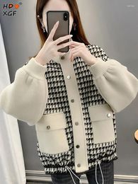 Women's Jackets Casual Houndstooth Print Woollen Jacket For Women Winter Standing Neck Zipper Lantern Sleeve Coat Korean Designer Tops