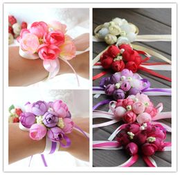 DHL Wholsesle Wrist Corsage Bridesmaid Sisters Hand Flowers Artificial Silk Lace Bride Flowers For Wedding Party Decorati5549047