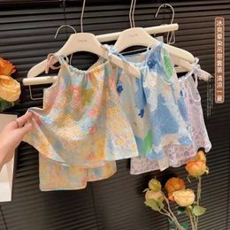 Clothing Sets Girls Clothing Set 2024 Summer Fashion Girls Set Childrens Flower Print with Oil Painting Style Fresh Set WX