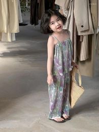 Clothing Sets Korean Style 2024 Kid's Summer Set Fashion Vertical Striped Sling Tee And Pants 2pcs For Girls Children's Outfit