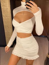 Work Dresses Women Two Pieces Sets Cut Out Long Sleeve Crop Top And Ruffled Mini Skirt Matching Suit Night Club Outfit Sexy Streetwear D131