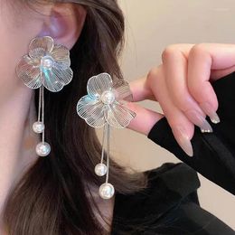 Stud Earrings Vintage Pearl Tassel Bowknot Drop Korean Silver Color Ribbon Flower Dangle For Women Fashion Wedding Jewelry
