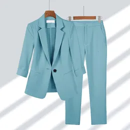 Women's Two Piece Pants 2024 Spring Summer Lapel Blazer And Elastic Waist Button Pencil Pant Sets Suit Coat Office Lady OL Fashion Women 2