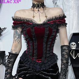 Goth Sexy Lace Trim Off Shoulder Corset Tank Tops for Women Y2K Vintage Aesthetic Black Red Velvet Backless Crop Tops Camisole 240517