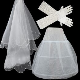 Wedding Petticoat Gloves Veil Set Cheap In Stock White Bridal Accessories For Ball Gown Wedding Dress Elbow Length Bridal Glove Crystal 291R