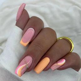 False Nails 24pcs/box Wearable Yellow French Three-color Wavy Gold Glitter Manicure Long Sweet Fake