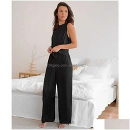 Womens Two Piece Pants Women Pajama Suit Spring Summer Female Homewear Sets Sleeveless Crossed Back Vest Loose Trousers Drop Deliver Dhppy