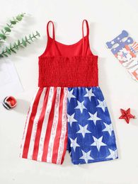 Girl's Dresses New Years Red Kids Girl Summer Jumpsuit Sling US Flag Print Bow Bodysuit Fashion Festival Party Costume For Child Girls 4-7 Yea
