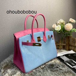 Fashion Authentic Bags Real leather bag wild deep-sea pearl fish skin with ostrich skin handbag pink light blue women's bag