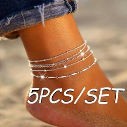 Anklets Hot selling 5 pieces/set hot selling silver style fashionable ankle bracelets bracelets on legs 2022 new fashion summer beads beach foot Jewellery d240517