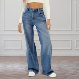 Women's Jeans Lady Loose Trousers Stylish High Waist Wide Leg With Multiple Pockets For Daily Wear Solid Colour Denim Pants