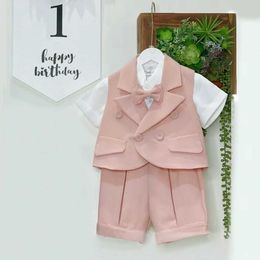 Clothing Sets Kids Clothes Pink Boys Suit 3 Piece Vest Short Tiebow +Hat Clothing Set Tuxedo Kids Fashion Custom 1-4 Years Birthday Dress Y240515