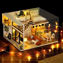 DIY Dollhouse Wooden Doll Houses Miniature With Furniture Kit Casa Music Led Toys for Children Birthday Gifts L031 240516