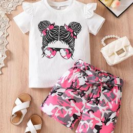 Clothing Sets Summer Kids Clothes Girls Casual Cartoon Girl Print Short Sleeve T-shirt Top Camouflage Shorts Children Two-piece