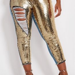 Plus Size Womens Jeans Cutout Skinny Party Jean Gold Ripped Sequin Denim Jean Ankle Length High Waist Trousers Patchwork Pants 240516