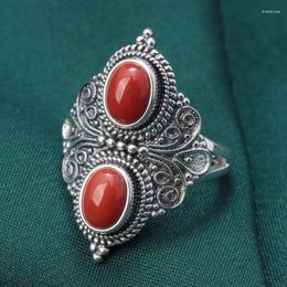 Cluster Rings MeiBaPJ Real S925 Sterling Silver Southern Red Agate Ethnic Style Wide Face Open Ring Fine Weddings Gift Jewellery For Women