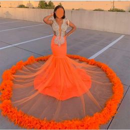 New Arrival Orange Mermaid Prom Dresses Lace Beads Crystal Feather Formal Evening Dress 2020 Deep V Neck African Robes De Soiree 234h