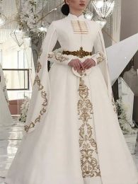 Dresses Traditional Caucasus Wedding Dresses With Gold Embroidery Cape Long Sleeves Arabic Kaftan Turkey Muslim High Neck Bride Gown Elega
