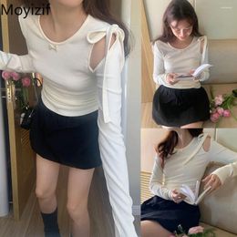 Women's T Shirts Spring Gentle Lacing Off Shoulder Thread Long Sleeve White Bottoming T-shirt Women Tops Round Neck Spicy Girl Slim Fit