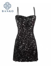 Design Aesthetic Sexy Halter Sequins Black Dress Evening Woman Party Romantic Loose Sleeveless Stylish Mini Skirt Solid 240513