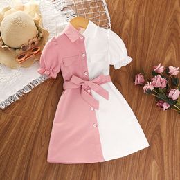 Summer Girl's Dress Shirt Patchwork Colour Lapel Puff Sleeve Lace-up A-line Knee-length Skirt Fashionable Sweet Daily Casual L2405