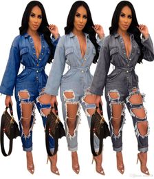 Fashionable Holes Ripped Women Jeans Jumpsuits Blue Black Sexy Long Sleeves Buttons V Neck Sash Washed Denim Straight Pants Romper8274018