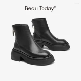 Boots BeauToday Chunky Ankle Women Round Toe Back Zipper Hoof Heels Genuine Cow Leather Platform Autumn Ladies Shoes 03A23