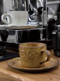 Mugs Vintage Style Kiln Change Glaze Relief Ceramic Coffee Cup Plate Afternoon Tea Mug