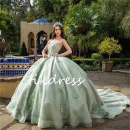 Shine Sage Green Quinceanera Dresses Charro Vestio De 15 Quinceanera Xv Anos Sixteen Masquerade Sequined Beaded Birthday Party Gowns 2024 Appliques Lace Pageant