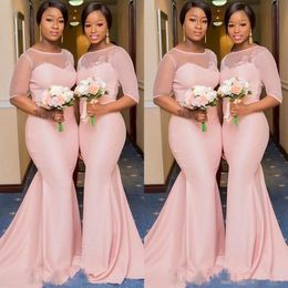 Blush Pink African Nigerian Mermaid Bridesmaid Dresses with Sleeve 2019 Sheer Lace Neck Plus Size Maid of Honor Wedding Guest Gown 2197