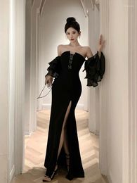 Party Dresses Harajpee French Hepburn Style High Slit Black Strapless Dress Light Mature Feminine Banquet Fishtail Long Vestido