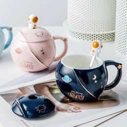 Mugs 450ml Ceramic Planet Mug With Lid Spoon Coffee Cup Drinking Water Milk Tea Kids Couple Gift Set