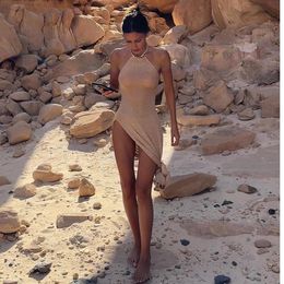 2024 Kintted Cover Up Beach Sexy See Through Maxi Slit Bodycon Summer Dress Bikinis Coverups Elegant Halter Beachdress 240513