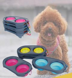 Travel Easy To Carry Dog Feeders Folding Bowl Dualuse Silicone Double Basin Pet Supplies Cat Food Nonslip Eating Utensils8020990