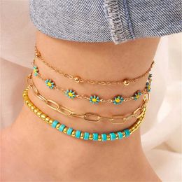 KMNS Anklets Multi layered sweet daisy necklace womens glitter chain sunflower flower bohemian foot barefoot Jewellery bracelet d240517
