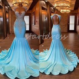 Dresses Sparkly Black Girls Prom Dress Sexy Sheer Top Luxury Diamond Light Blue African Evening Gowns Open Back Formal Party Dress 2024 El