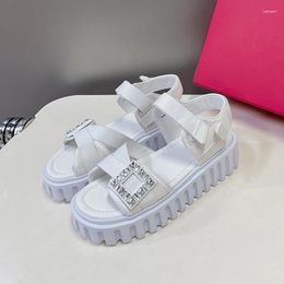 Sandals Female Platform Sandal Summer Crystal Decor Square Button Round Toe Real Leather Material Thick Bottom Women Shoes