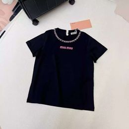 Men's T-shirts Mm Family 24ss New Printed Letter Decorative Pink Crystal Collar Round Neck Short Sleeve T-shirt for Women