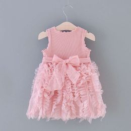 Girls 'Summer New Style Wood Edge Sleeveless Dress Children's Solid Sticked Round Neck Panel Mesh Ponchy kjol L2405
