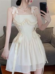 Casual Dresses QWEEK Fairy Princess Kawaii Cute Lolita Bandage Dress Mesh Slip Wrap Slim Sweet Off Shoulder Mini Short 2024 Summer