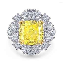 Cluster Rings 925 Sterling Silver High Carbon Gemstone Fine Jewellery Cushion Cut Lab Grown Yellow Diamond Ring Wedding Engagement Women