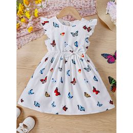 Girls' new summer casual sweet and cute style dress, small flying sleeve design butterfly print dress L2405