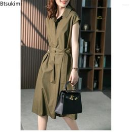 Casual Dresses 2024 Women's Temperament Shirt Dress Fashion Solid Short Sleeve Mid-length With Belt Office Ladies Loose Vestidos