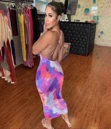 Backless Criss Hot Sexy Midi Dresses Women Strap Sleeveless Party Clubwear Tie Dye Print Skinny Bodycon Dress New2758162