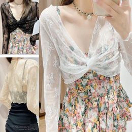 Women's Blouses Women Outer Covering Mesh Tops Sun Shawl Hollowed Out Lace Shirt Short Sunscreen Blouse