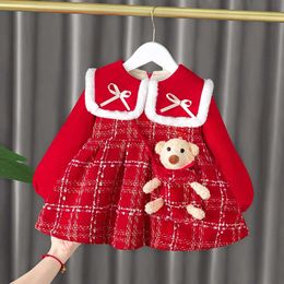 Girls Dress Plaid Plush Dresses for Kids 2023 Autumn/Winter Children Princess Costume Christmas Party Baby Girl Clothes L2405